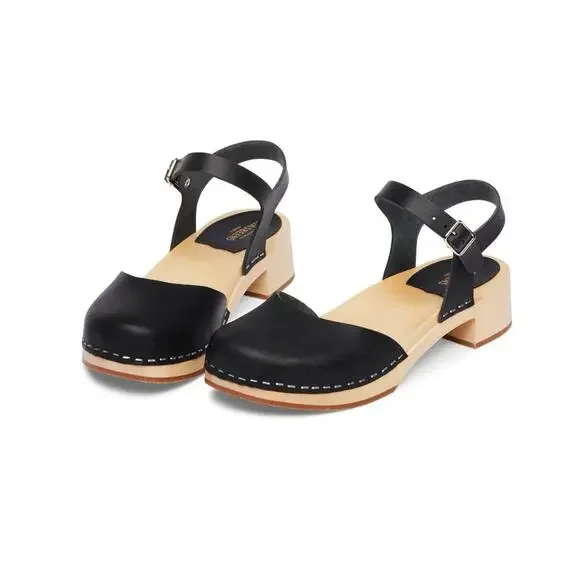 New $248 Womens 8 Covered Swedish Hasbeens Matte Black Clogs Mules Low 2” Heel - Picture 3 of 13